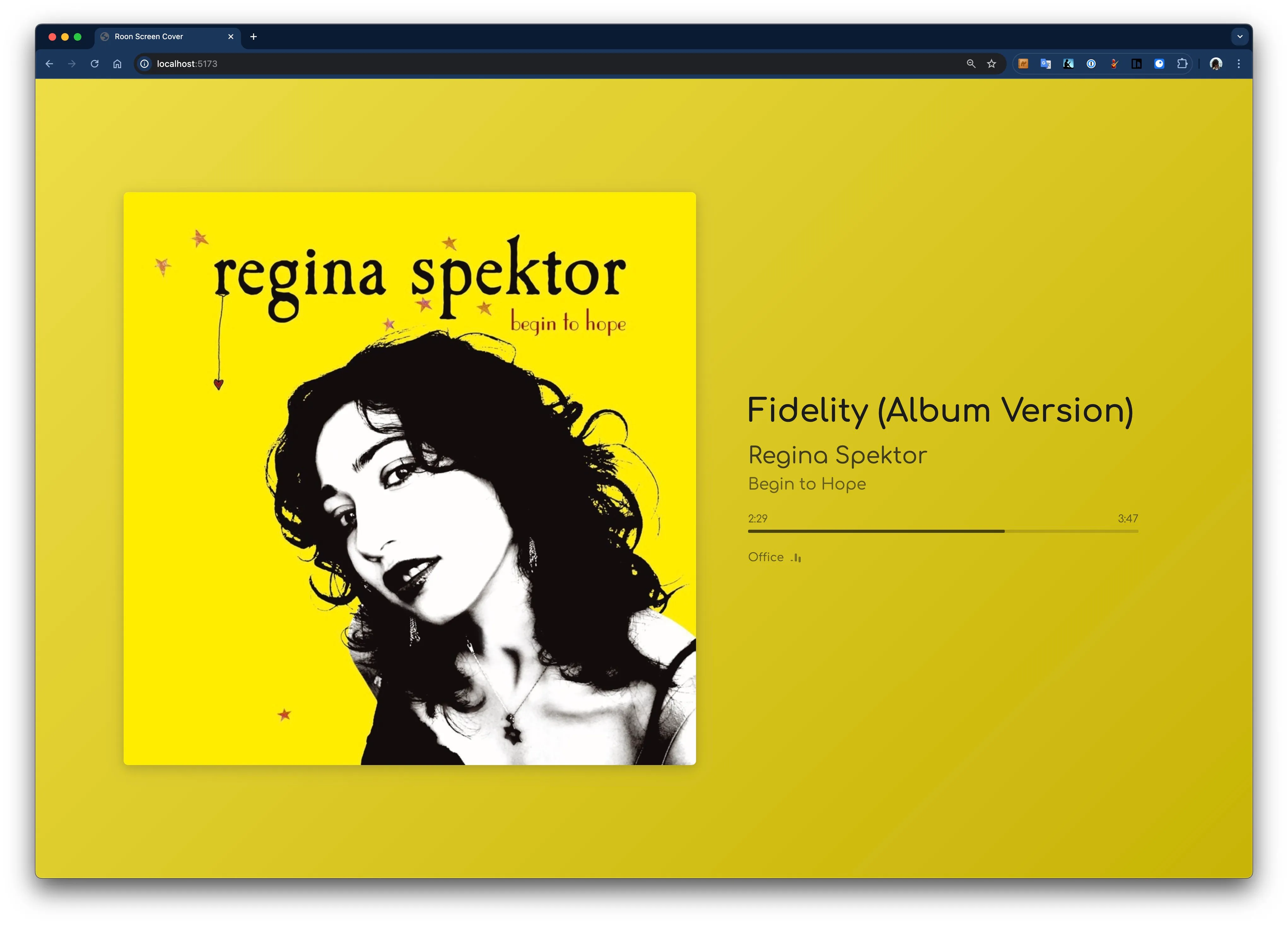 Roon Now Playing showing album artwork with a color-extracted gradient background